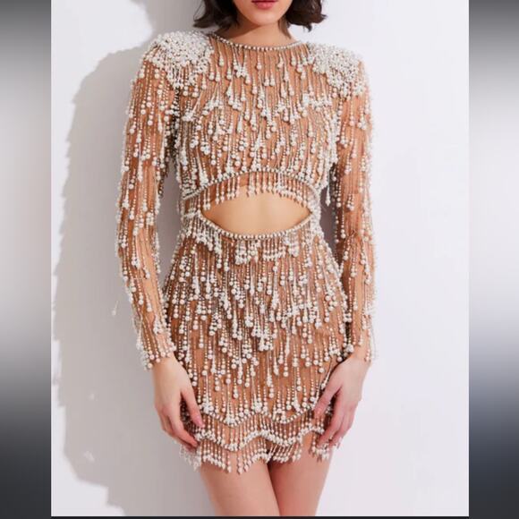 NWOT Patbo FULLY BEADED PEARL CUT-OUT Long Sleeve illusion COCKTAIL DRESS sz 2